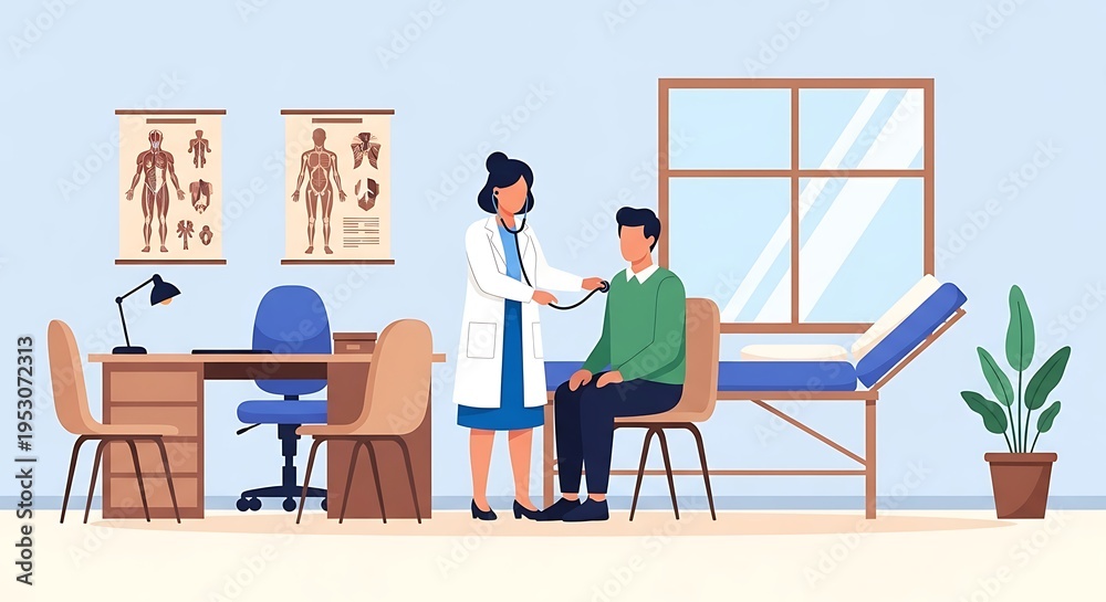 Fototapeta premium Medical professional examining a patient in a well-lit doctor's office, with anatomical charts