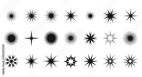 A collection of diverse geometric star and sunburst patterns with varying complexity and density