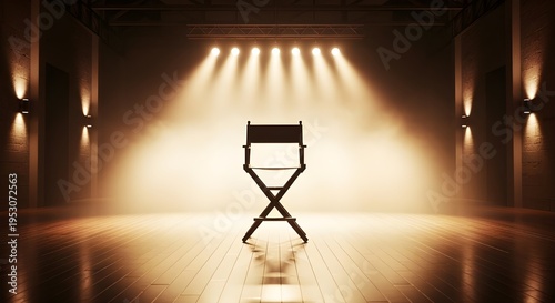 A directors chair sits alone on a stage lit by spotlights shining down on it from above in a dark room with a wooden floor