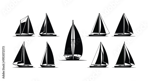 Black and white silhouettes of various sailboat designs against a plain background