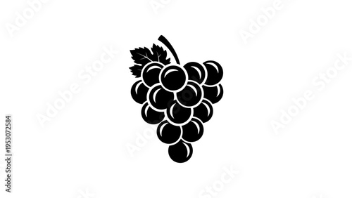 Elegant black grape silhouette art with leaf on white background