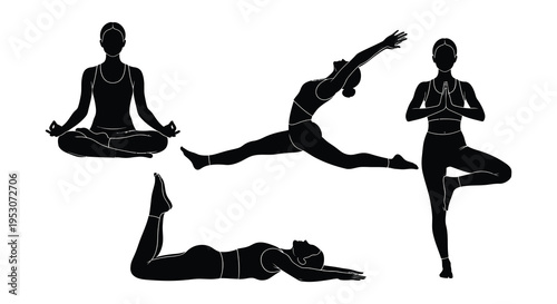 Four yoga poses in silhouette against a white background for mindfulness and meditation practices