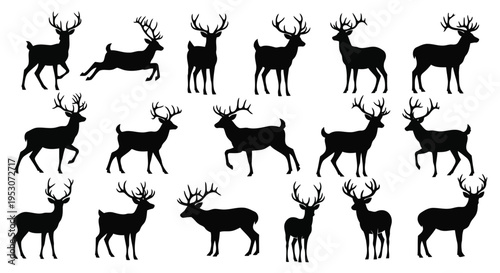 Collection of stylized deer silhouettes in various poses and orientations