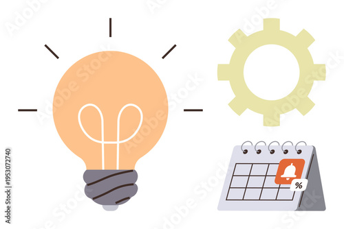 Creativity, time management, innovation, productivity, scheduling, planning. Light bulb, calendar with alert icon and gear. Creativity and time management concept displayed visually