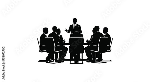Silhouette of business team in meeting with presenter standing at table