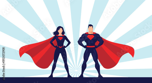 Superhero couple standing strong in silhouette against a vibrant blue sunburst background with flowing red capes