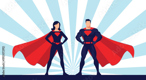 Superhero couple in silhouette standing strong together against a vibrant blue sunburst background with red capes