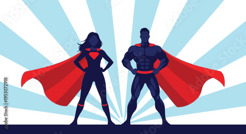 Superhero silhouette duo standing against radiant blue background with red capes