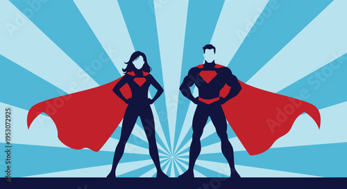 Superhero couple in silhouette standing strong with red capes flowing