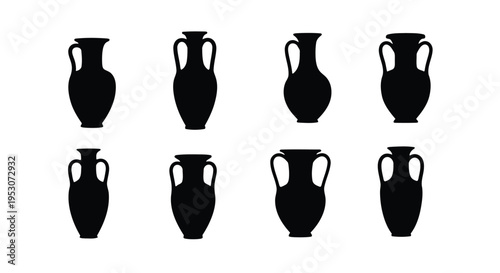 Ancient black-figure ceramic vessels displayed in a symmetrical arrangement