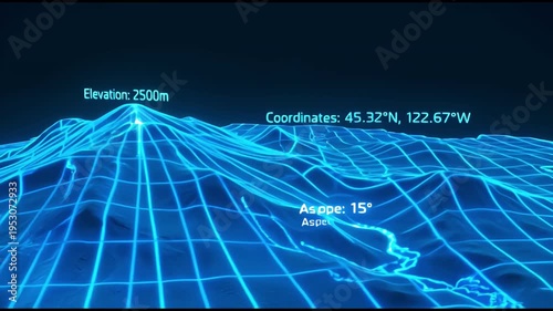 Abstract 3d digital map topographic elevation geographic data and terrain geography network overlay