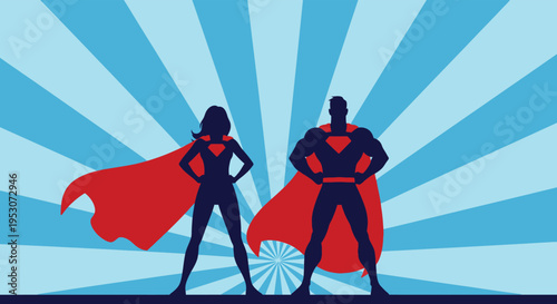 Superhero silhouette duo standing against radiant blue background with red capes