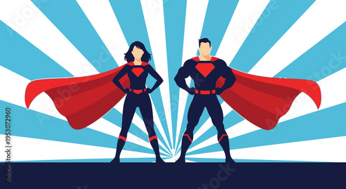 Superhero duo standing strong in red and black costumes with silhouette