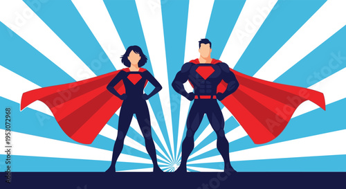 Superhero couple in silhouette standing strong together against a vibrant blue sunburst background silhouette