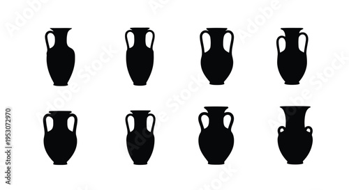 Historical depiction of ancient greek and roman style black-figure vases in two rows