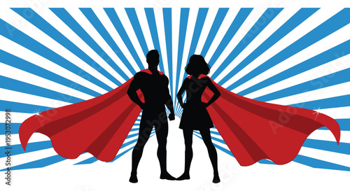 Superhero couple silhouette with red capes against blue sunburst background silhouette