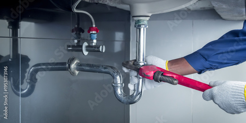 Plumber hands holding wrench doing repairing work at the sink and clogged pipe in bathroom carefully