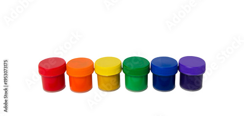 Photos Row of small colorful paint containers with red, orange, yellow, green, blue and purple colors isolated on transparent background