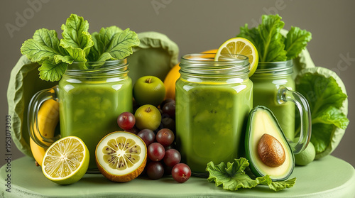 glass jar mugs with green health smoothie, kale leaves, lime, apple, kiwi, grapes, banana, avocado, and lettuce. A film-like composition and lighting 