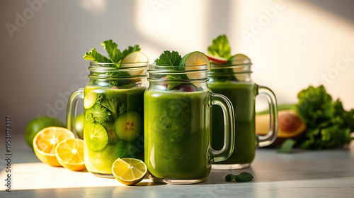 glass jar mugs with green health smoothie, kale leaves, lime, apple, kiwi, grapes, banana, avocado, and lettuce. A film-like composition and lighting 