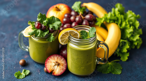 glass jar mugs with green health smoothie, kale leaves, lime, apple, kiwi, grapes, banana, avocado, and lettuce. A film-like composition and lighting 
