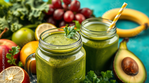 glass jar mugs with green health smoothie, kale leaves, lime, apple, kiwi, grapes, banana, avocado, and lettuce. A film-like composition and lighting 