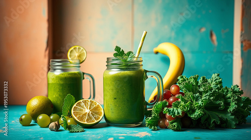 glass jar mugs with green health smoothie, kale leaves, lime, apple, kiwi, grapes, banana, avocado, and lettuce. A film-like composition and lighting 