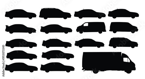 A collection of various silhouette designs of modern vehicles in black and white