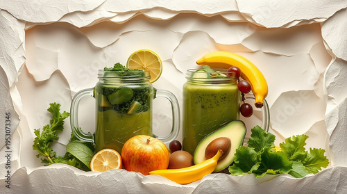 glass jar mugs with green health smoothie, kale leaves, lime, apple, kiwi, grapes, banana, avocado, and lettuce. A film-like composition and lighting 