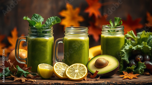 glass jar mugs with green health smoothie, kale leaves, lime, apple, kiwi, grapes, banana, avocado, and lettuce. A film-like composition and lighting 
