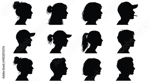 Collection of diverse silhouette profiles with various hairstyles and headwear