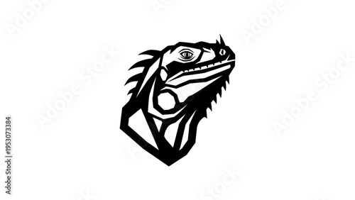 Geometric iguana head in black and white silhouette style for graphic design