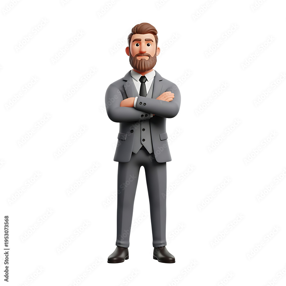 Obraz premium A 3d cartoon man in a gray suit isolated on transparent background