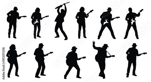 Diverse silhouettes of people playing electric guitars in various dynamic poses