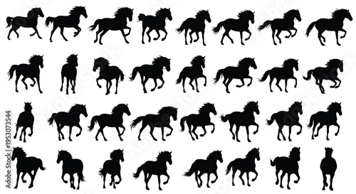 Silhouettes of horses in various dynamic poses and stances across a grid layout