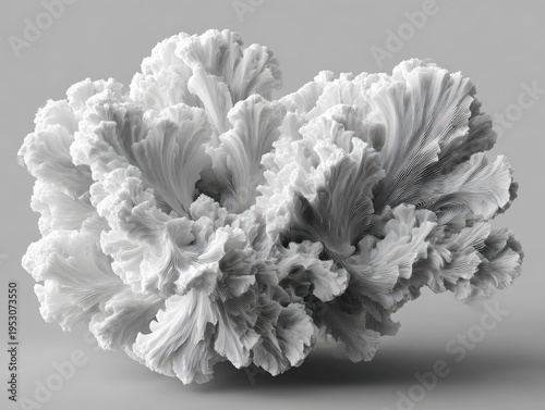 Complex, intricately layered coral-like structure in monochrome, softly illuminated