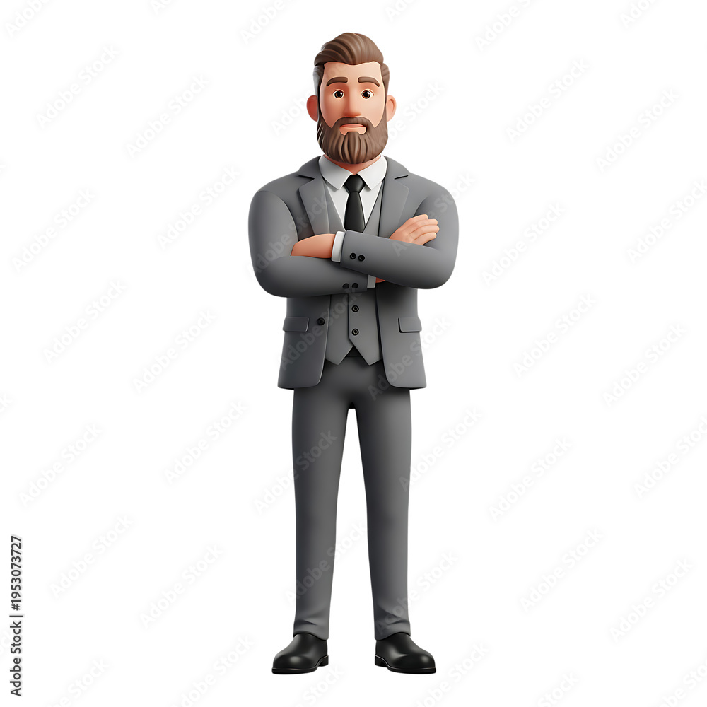 Obraz premium A man in a gray suit standing with arms crossed isolated on transparent background