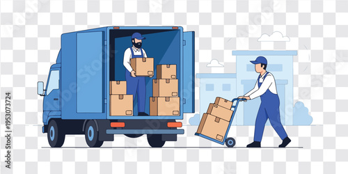 Delivery man unloading cardboard boxes from van courier service vector illustration