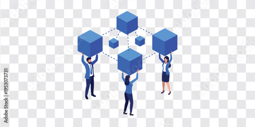 Teamwork holding connected cube network business collaboration isometric vector illustration
