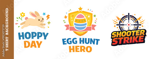 Colorful and playful tshirt design collection featuring hoppy day bunny egg hunt hero and shooter strike graphics isolated