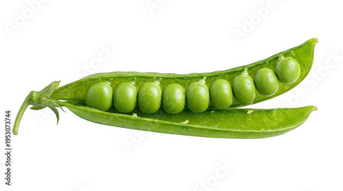 A vibrant green pea pod is opened wide revealing a neat row of fresh round peas inside captured in a clean studio setting with bright lighting