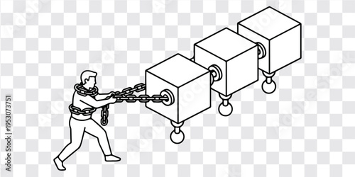 Man pulling heavy chained boxes effort struggle hard work vector illustration