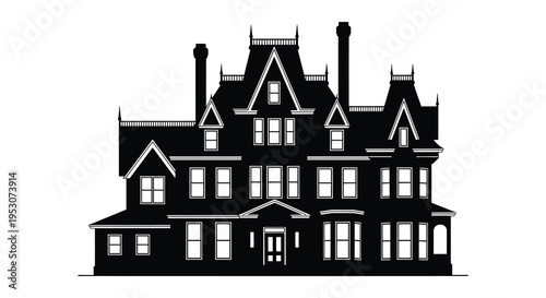 Silhouette of a large victorian style mansion with turrets and chimneys