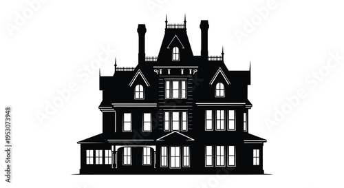 Silhouette of a large victorian style house with multiple chimneys and windows