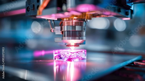 Modern 3D printer creating a transparent decorative object with glowing filament in a high-tech workshop