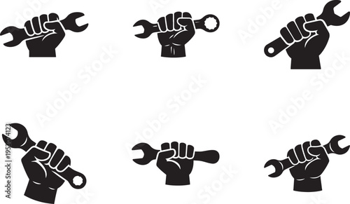 Spanner in hand repair icon set. Maintenance service tool symbol flat vector illustration design.