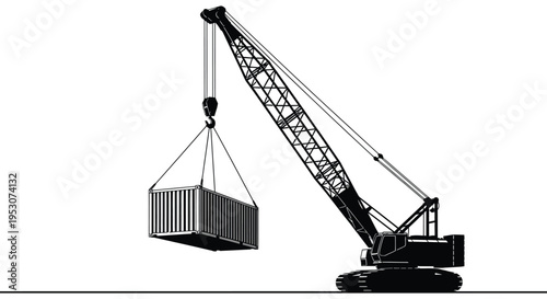 Silhouette of a crane lifting a shipping container