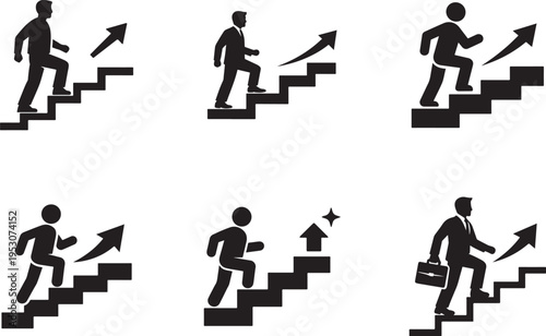 Upstairs icon set with walking man on stairs symbol. Career growth concept flat vector design.
