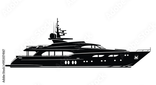 Luxury yacht silhouette with multiple decks and antennae on a white background
