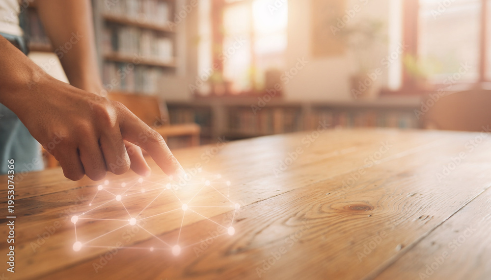 Obraz premium Technology concept with a human hand touching a glowing neural network on a wooden table, selective focus and copy space right